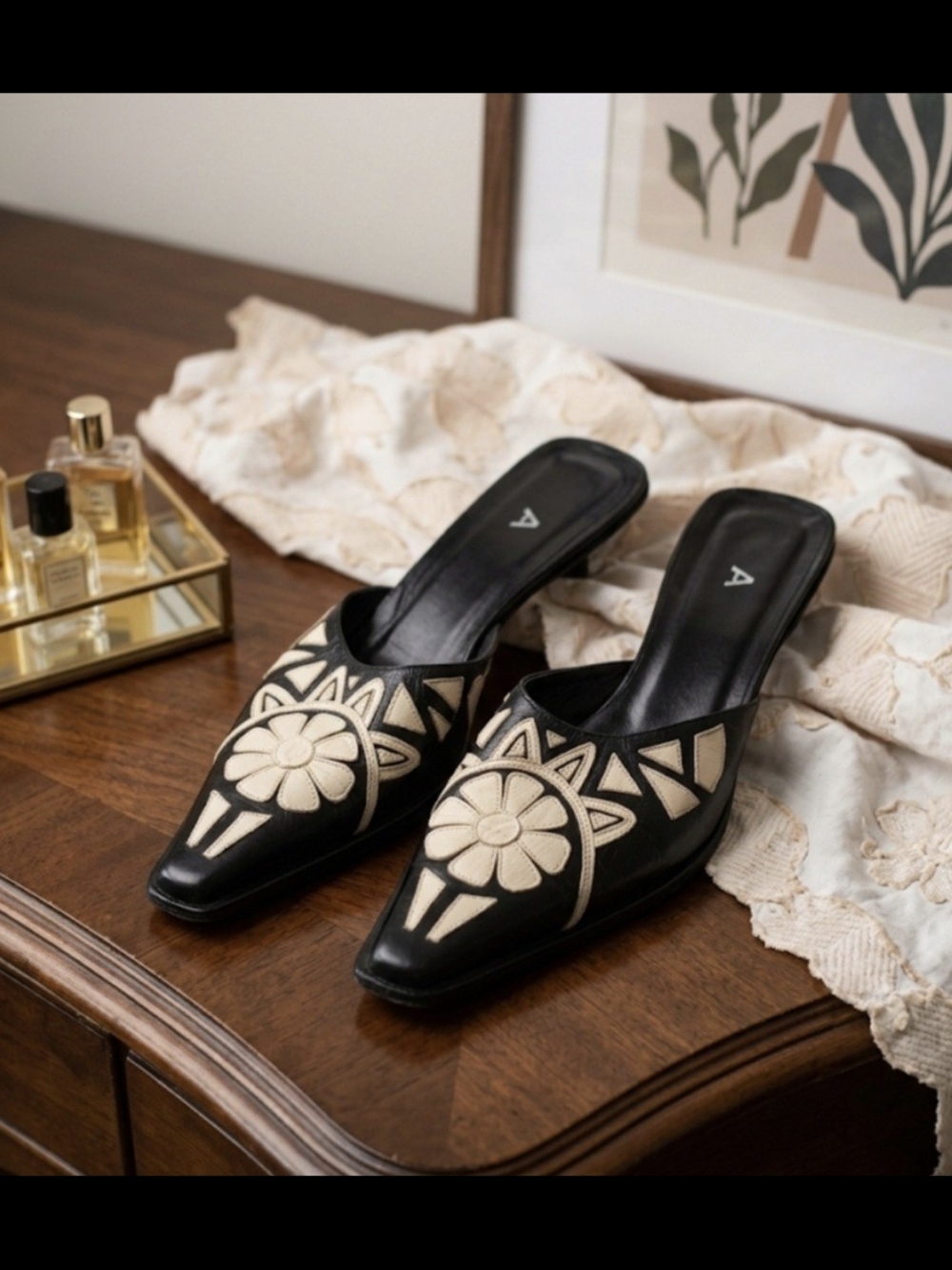 STRATEGIA  Black Leather Slip-On Kitten Heel Mules with Cream Leather Applique